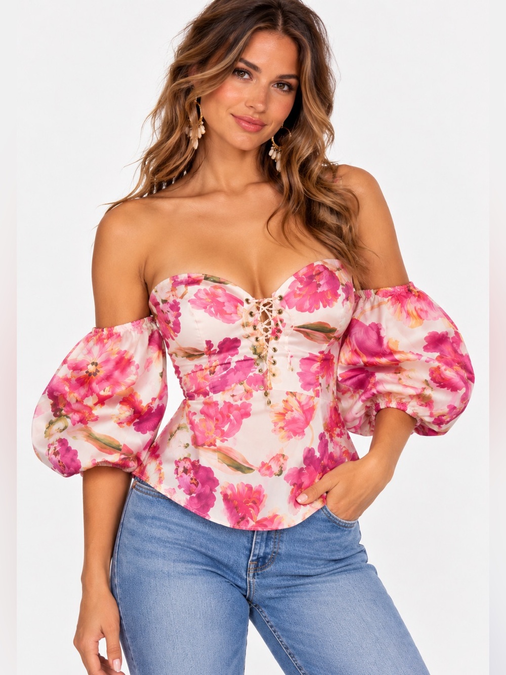 Alexia Admor corset lace up bustier, Pink Floral Off-Shoulder Puff Sleeve Top 12